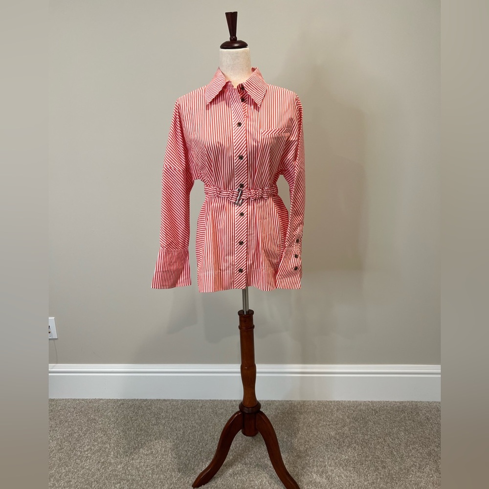 GANNI Organic cotton, striped belted Button-Up NWT thin stripe orangedotcom